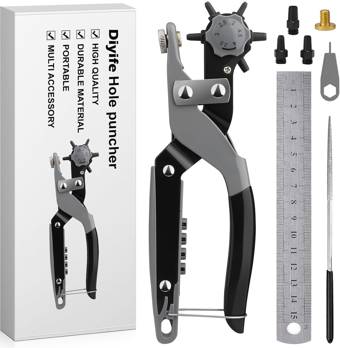 Leren perforator met opbergcompartiment - zware perforatietang - multi grootte 2-4,5 mm - ideaal voor leer en stof - ShopVlot