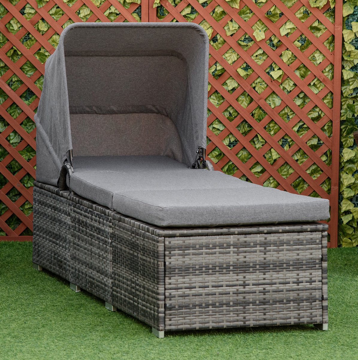 COVREO Ligbed 195x65x40 cm grijs, PE-rattan met zonnedak en kussen