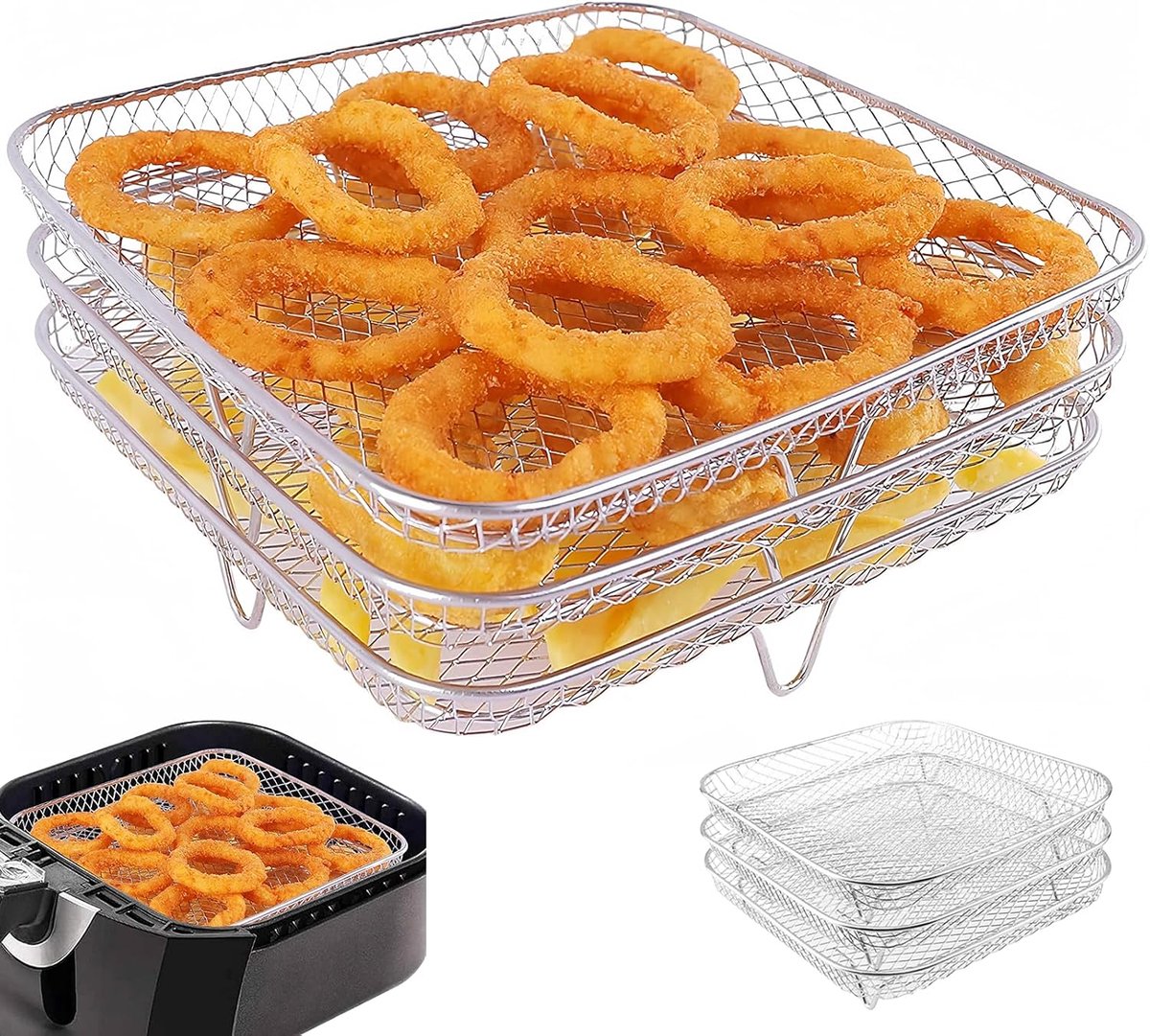 SnelShoppen Triple Air Fryer Rack 20.8 x 20.8 x 9.5 cm 304 RVS Stapelbare Air Fryer Accessoires Grillrooster voor Oven Magnetron Bakken Keuken