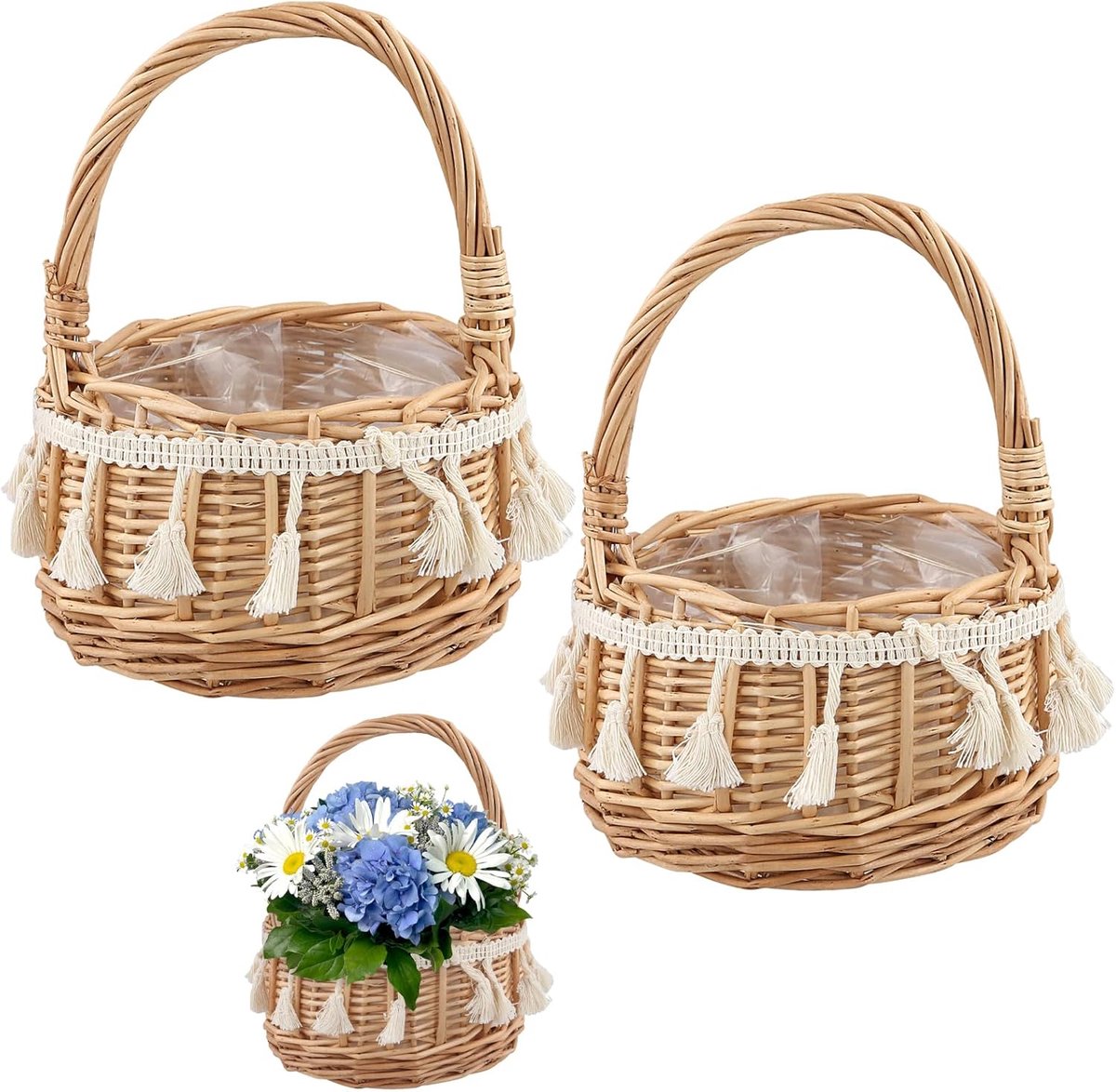 Bloemenmanden set van 2 - 13 x 19 cm - Rieten met kwastjes - Perfect voor bruiloften - ShopVlot