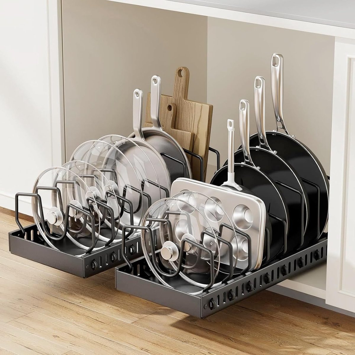 SnelShoppen - Set van 2 Uittrekbare Pannen- en Pottenorganiser voor Keuken - Inclusief 8 Verstelbare Scheiders - Onderkast Organizer voor Kasten - Zwa