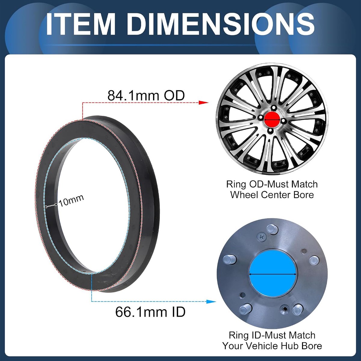 SnelShoppen - 84.1mm tot 66.1mm Auto Wiel Hub Centric Ringen Zwart Polycarbonaat Schokabsorberende Kraagadapterringen - 4 Stuks