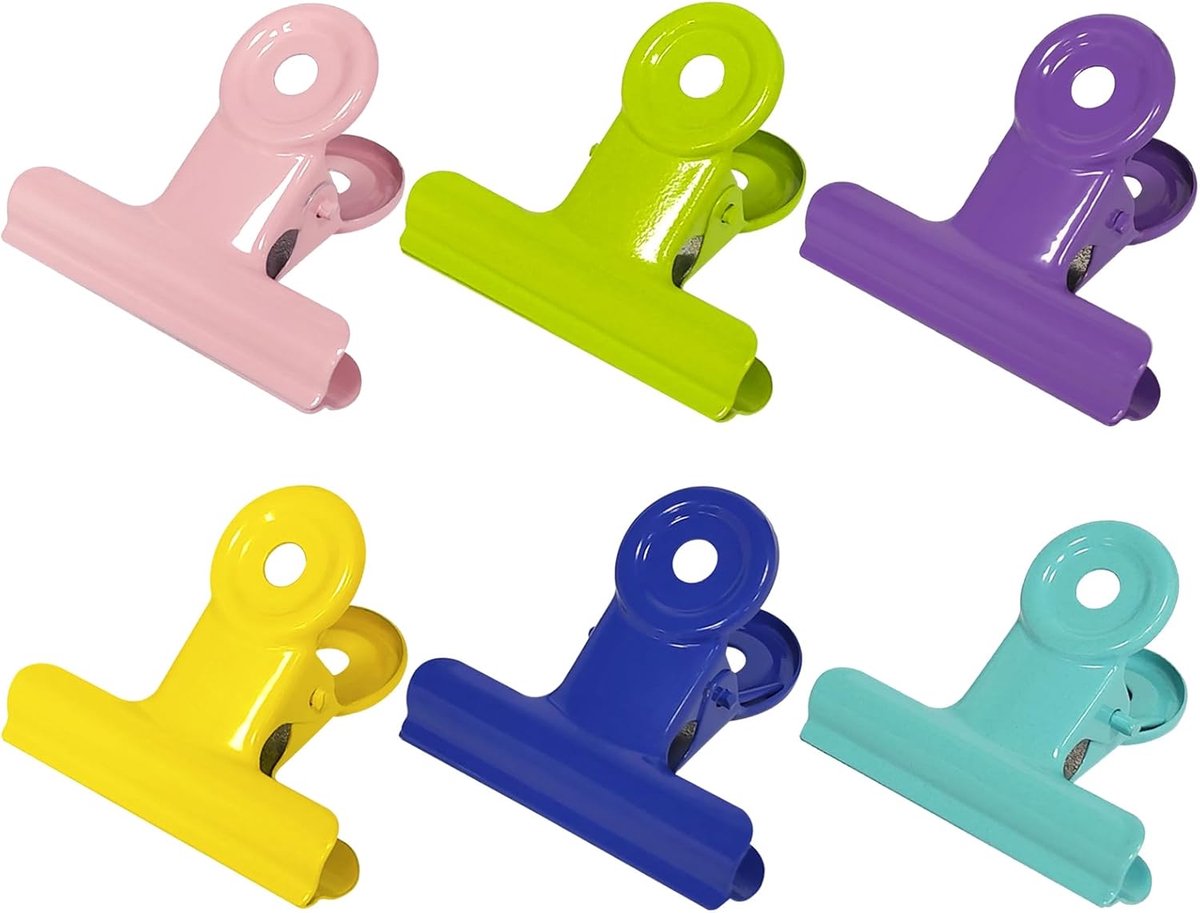 SnelShoppen - Bulldog Clip Folder 50mm, 12 Stuks, Metaal Bulldog Clip, Ring Clip voor Kantoor en School, 6 Kleuren, Houdt Tot 220 Vellen