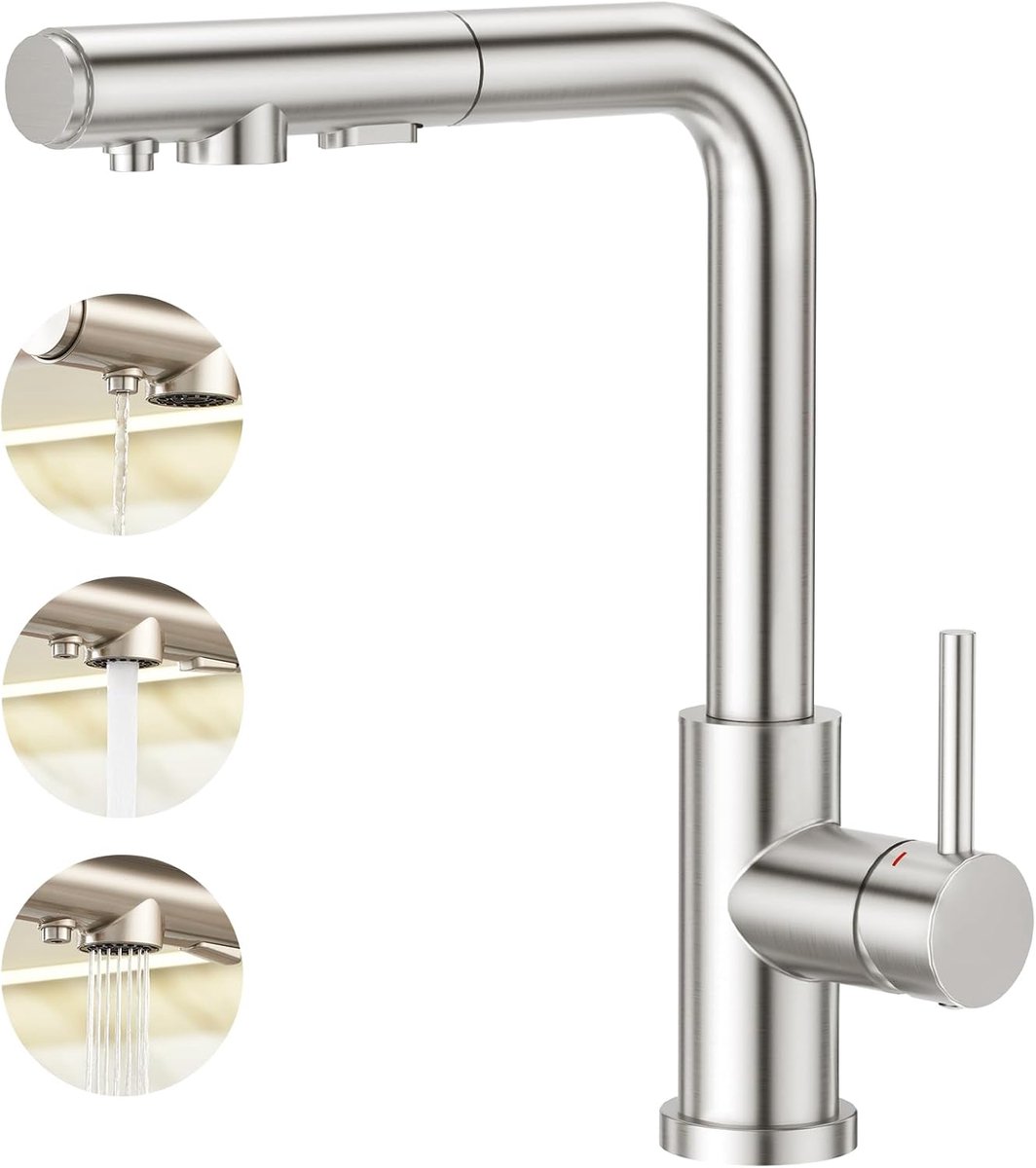 3-Way Kitchen Faucet with 3-Function Pull-out Fist Shower, Sink Mixer Tap for Water Filter Osmosis Systems Stainless - ShopVlot
