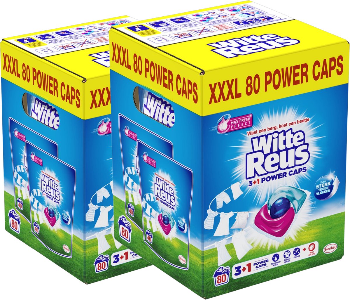 Witte Reus Power Caps Wascapsules - 160 stuks - Wasmiddel Capsules - Voordeelverpakking - 2x80 wasbeurten - Krachtige 3-in-1 wasmiddelcapsules - Effectieve vlekverwijdering al vanaf 20°C