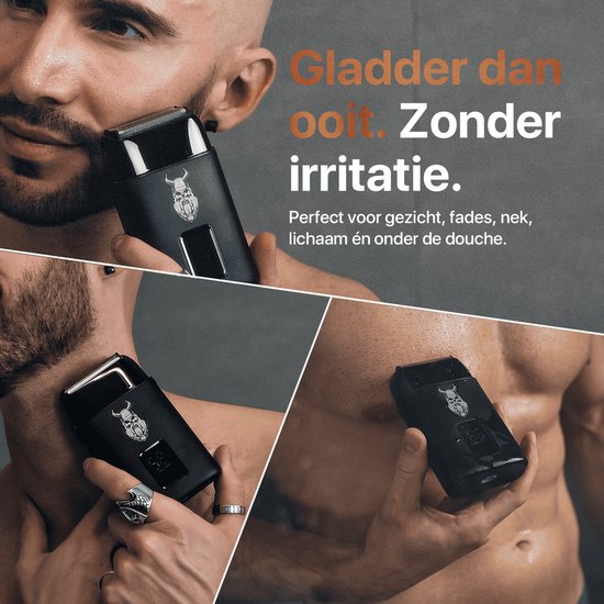 Zwarte scheerapparaat met Viking-logo, gebruikt door een man op gezicht en nek.