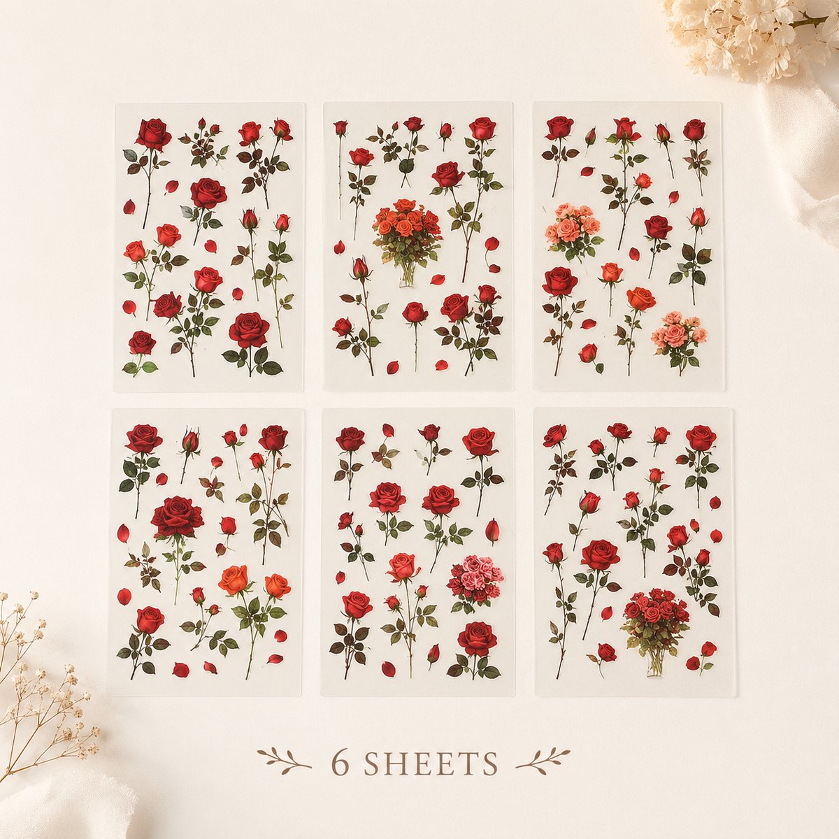 Rode rozen stickers - 6 vellen transparant - Journaling