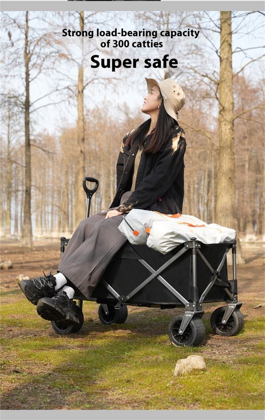 Bolderkar Opvouwbaar - Grote Transportkar 90x35x45 cm - 300 kg Draagvermogen - Terreinwielen met 360° Draaifunctie en Rem - Handkar voor Camping, Strand en Tuin - Zwart van Bolderkar Opvouwbaar — afbeelding 2