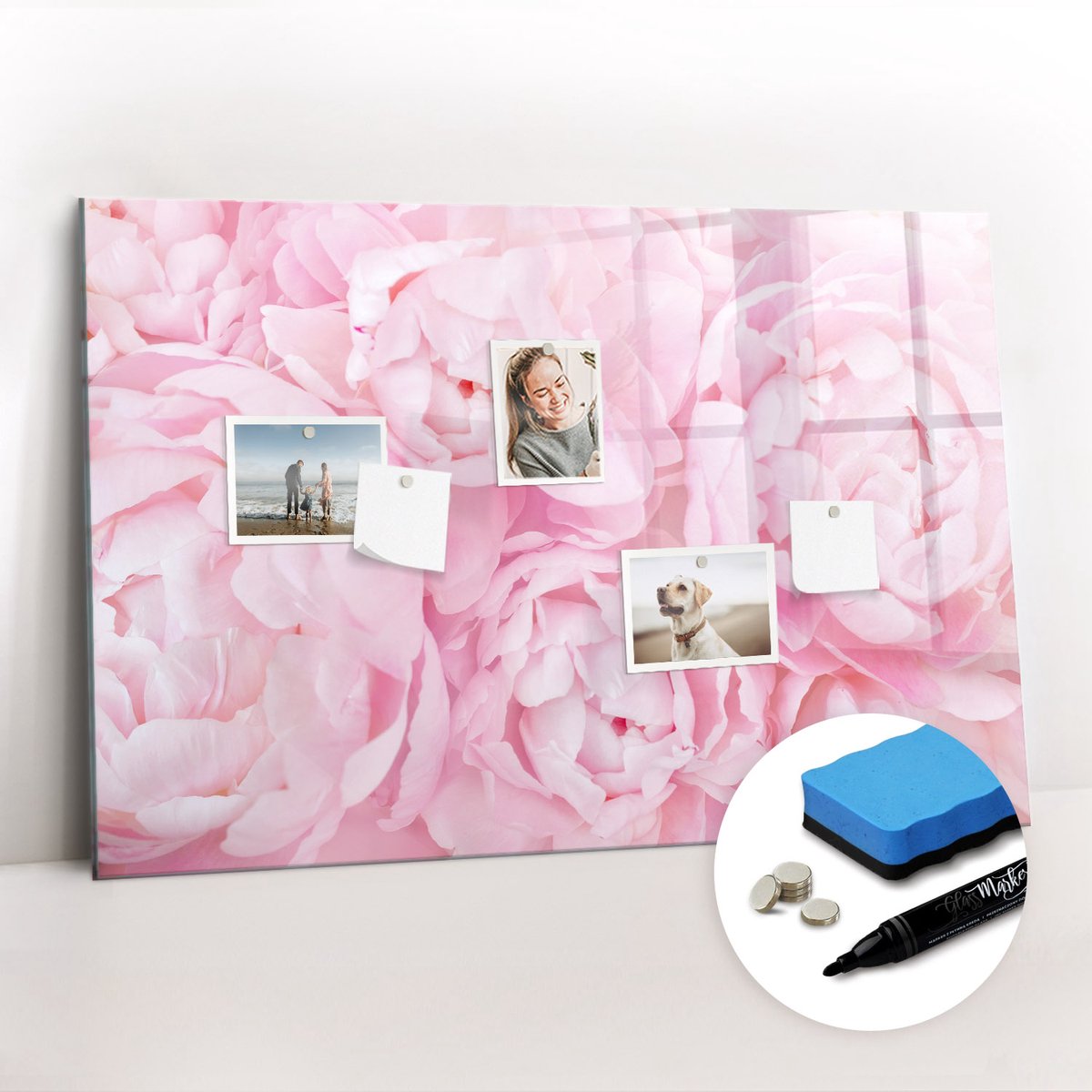Tulup Whitebord - Bloeiende pioenrozen - 90 x 60 cm - Roze Magneetbord Rechthoekig - Gratis 5 Sterke Magneten + Whiteboard Marker & Wisser - Decoratief Magnetisch Bord - Magnetisch Bord Kind - Ideeënbord Thuiswerkplek