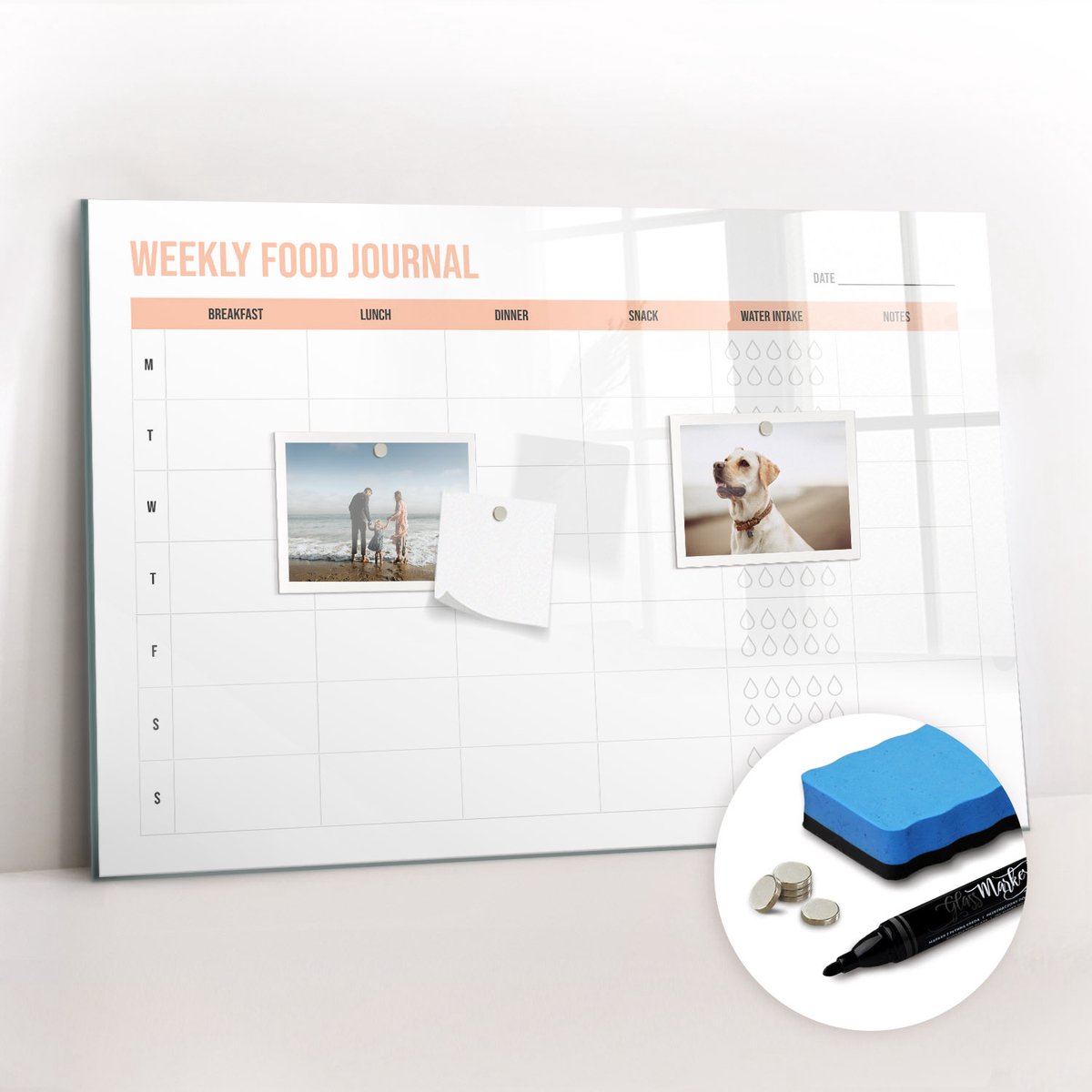 Tulup Whitebord - Keuken weekmenu maaltijdplanner - 60 x 40 cm - Oranje Magnet Board - Gratis 5 Sterke Magneten + Whiteboard Marker & Wisser - Design Memobord - Magnet Board - Productiviteit Tools