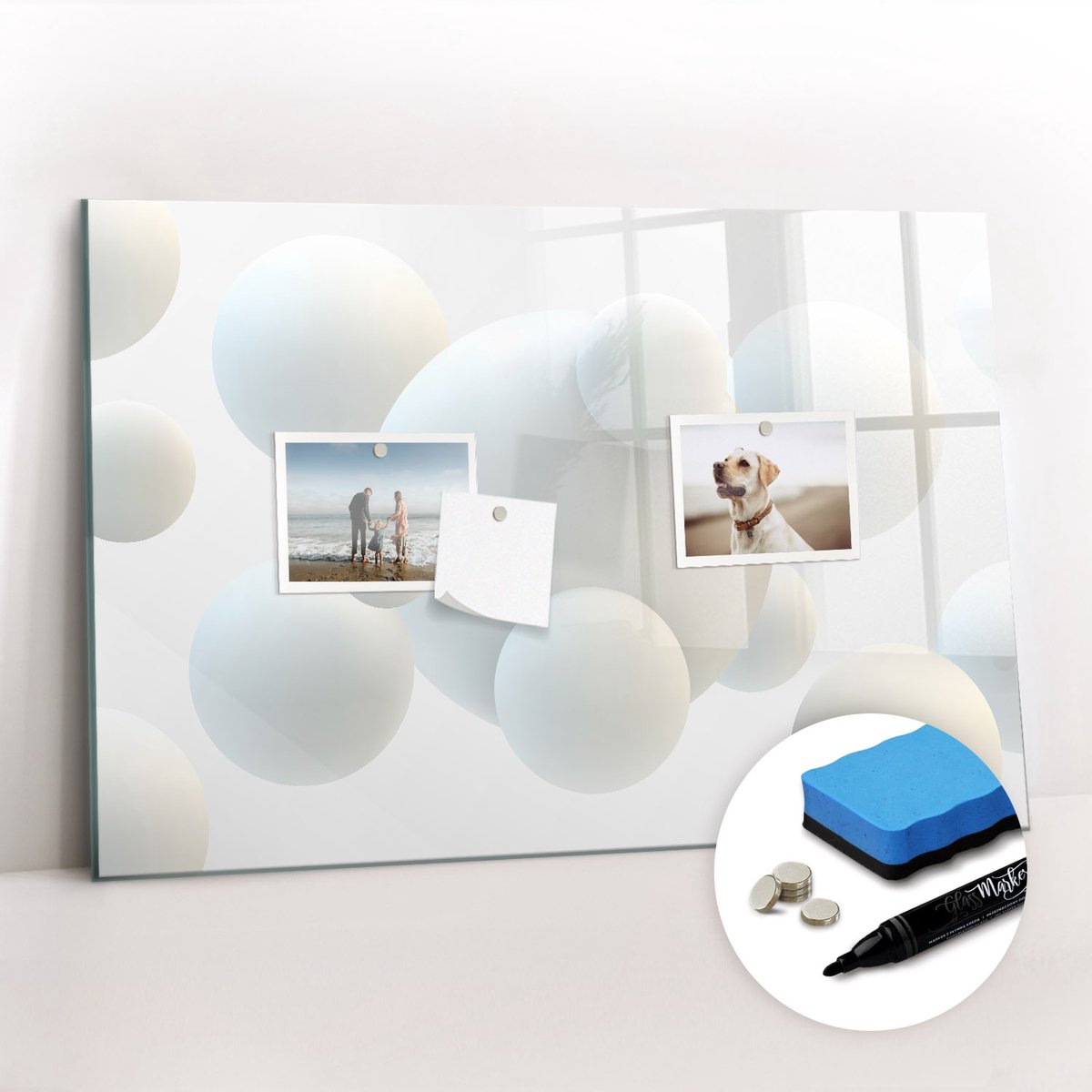Tulup Whitebord - Abstracte ballen - 60 x 40 cm - Wit Memobord Glas - Gratis 5 Sterke Magneten + Whiteboard Marker & Wisser - Scandinavisch Design Bord - Memobord Glas - Notitiebord Werkplek