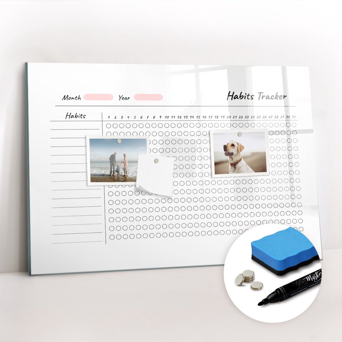 Tulup Whitebord - Gewoonte bijhouden - 60 x 40 cm - Wit Foto Magneetbord - Gratis 5 Sterke Magneten + Whiteboard Marker & Wisser - Decoratief Magnetisch Bord - Magnetisch Memobord - Inspiratiebord Kantoor