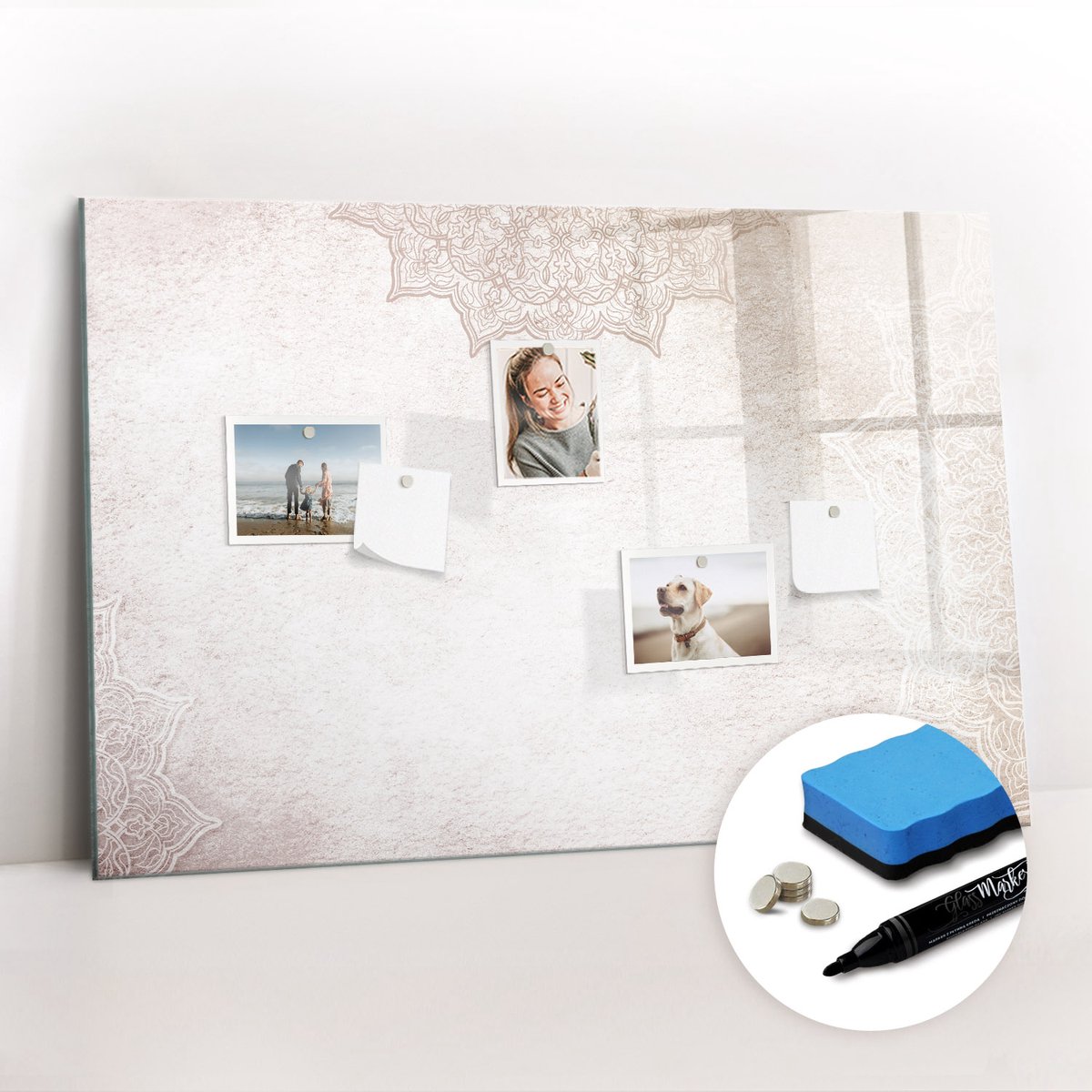 Tulup Whitebord - Decoratief patroon - 90 x 60 cm - Grijs Magneetbord Rechthoekig - Gratis 5 Sterke Magneten + Whiteboard Marker & Wisser - Minimalistisch Prikbord - Memo Magneetbord - Planning Muur