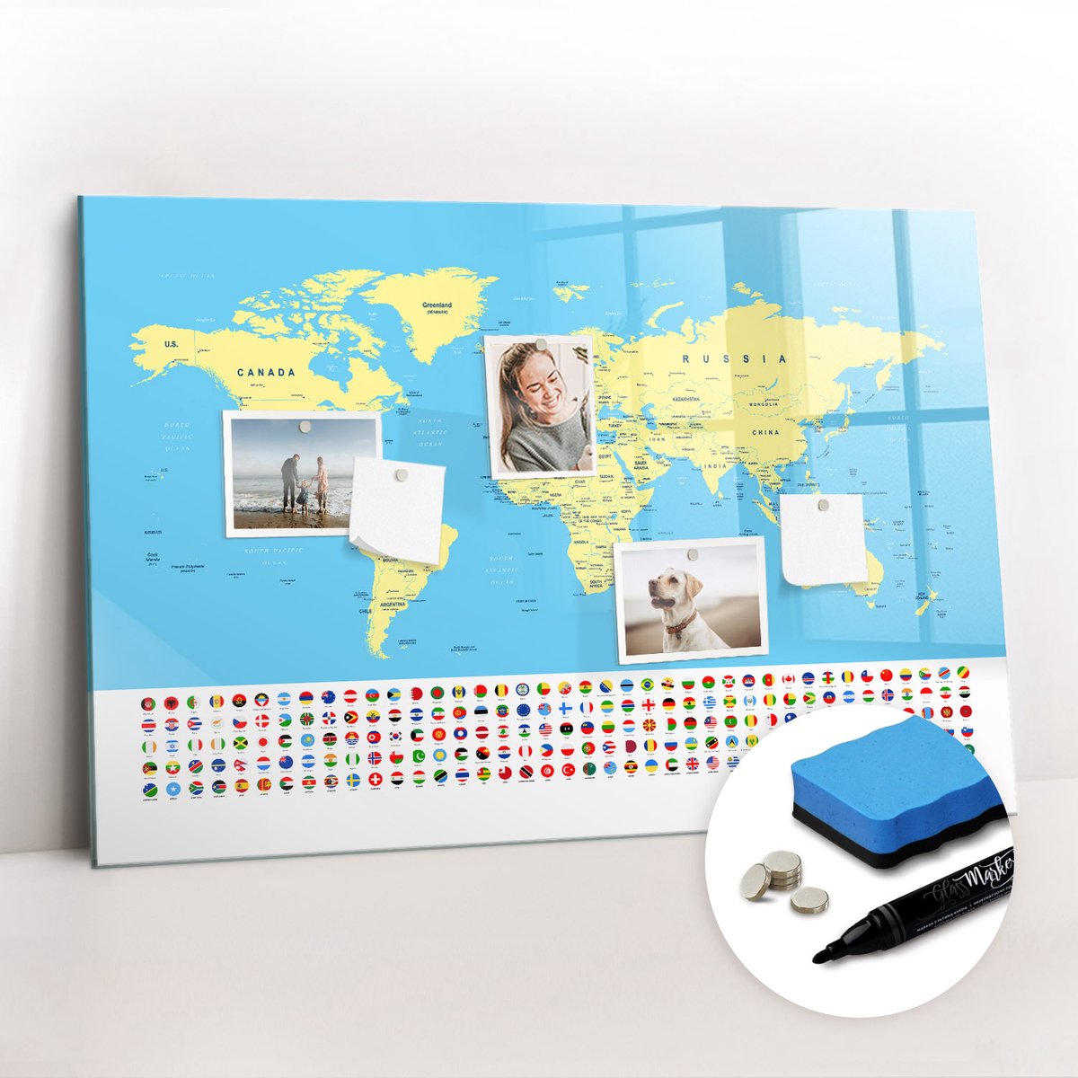 Tulup Whitebord - Traditionele wereldkaart - 90 x 60 cm - Veelkleurig Magnetisch Memobord - Gratis 5 Sterke Magneten + Whiteboard Marker & Wisser - Scandinavisch Design Bord - Magneetbord Design - Organiseer Je Bureau