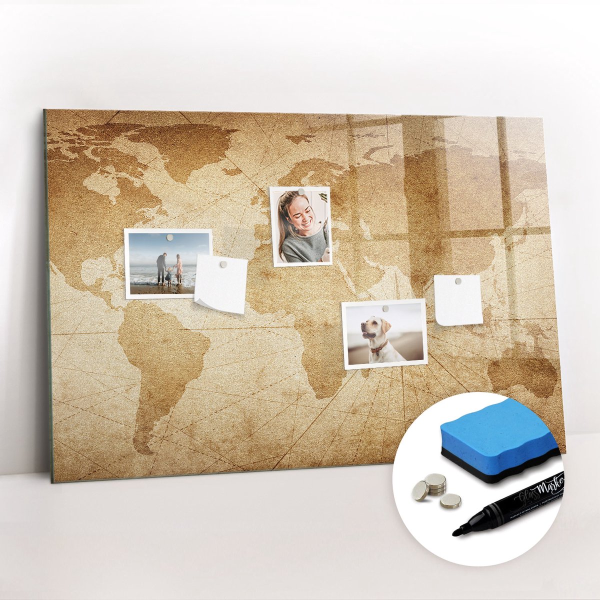 Tulup Whitebord - Vintage retro wereldkaart - 90 x 60 cm - Bruin Magneetbord Rechthoekig - Gratis 5 Sterke Magneten + Whiteboard Marker & Wisser - Interieur Accessoires Kantoor - Magnetisch Bord Kind - Inspiratiebord Kantoor