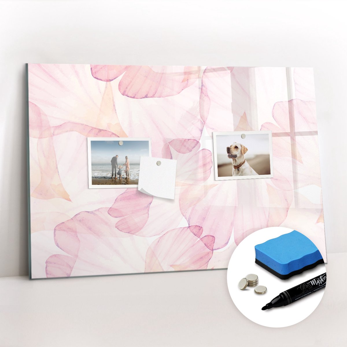 Tulup Whitebord - Aquarel bloemblaadjes - 60 x 40 cm - Roze Magneetbord Keuken - Gratis 5 Sterke Magneten + Whiteboard Marker & Wisser - Moderne Wanddecoratie - Foto Magneetbord - Planning Muur