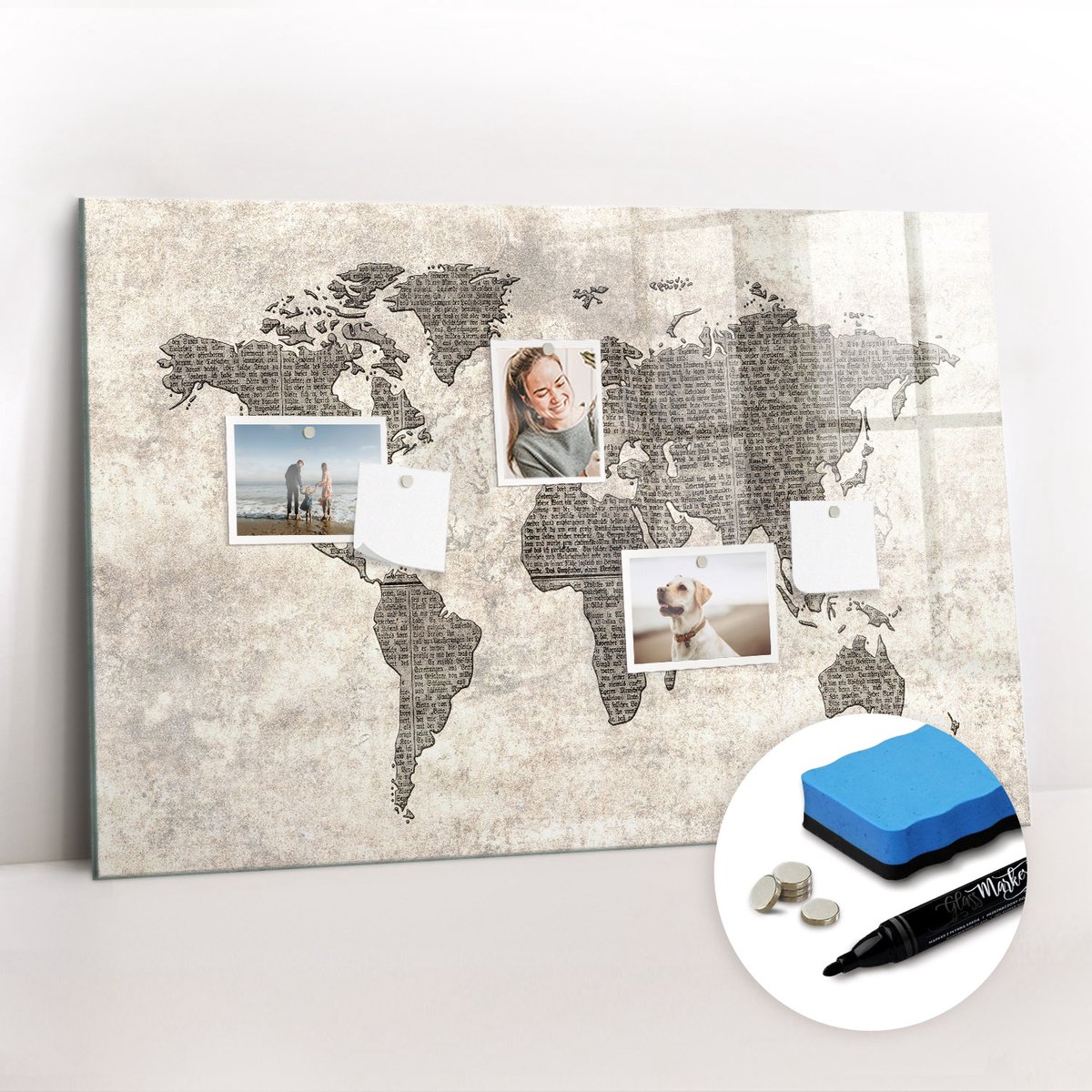 Tulup Whitebord - Wereldkaart in kranten - 90 x 60 cm - Beige Magnetic Board - Gratis 5 Sterke Magneten + Whiteboard Marker & Wisser - Stylish Memo Board - Memobord Glas - Planning Muur
