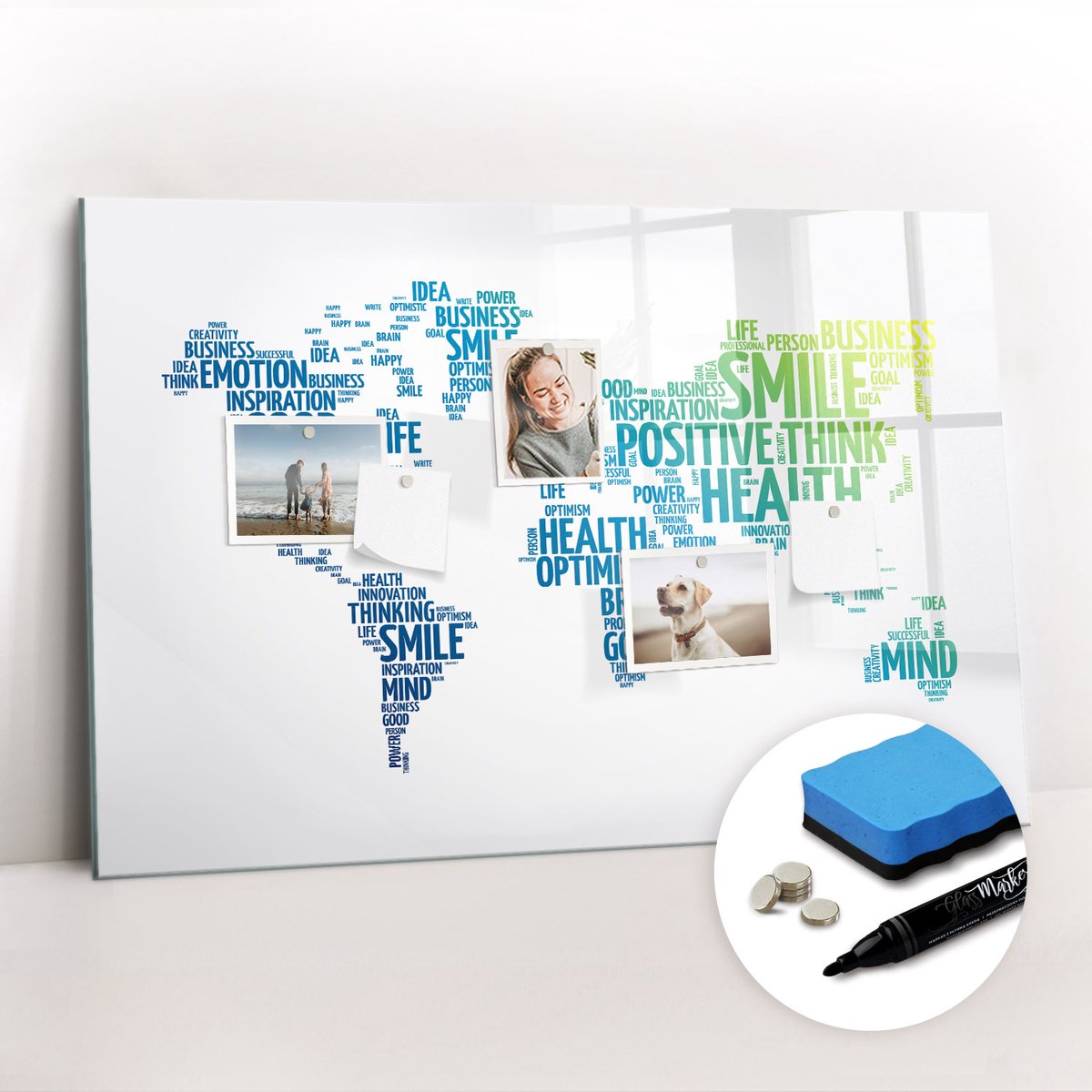 Tulup Whitebord - Kaart van vriendelijke woorden - 90 x 60 cm - Blauw Magneetbord Foto - Gratis 5 Sterke Magneten + Whiteboard Marker & Wisser - Organizer Muur - Magneetbord Design - Planning Muur