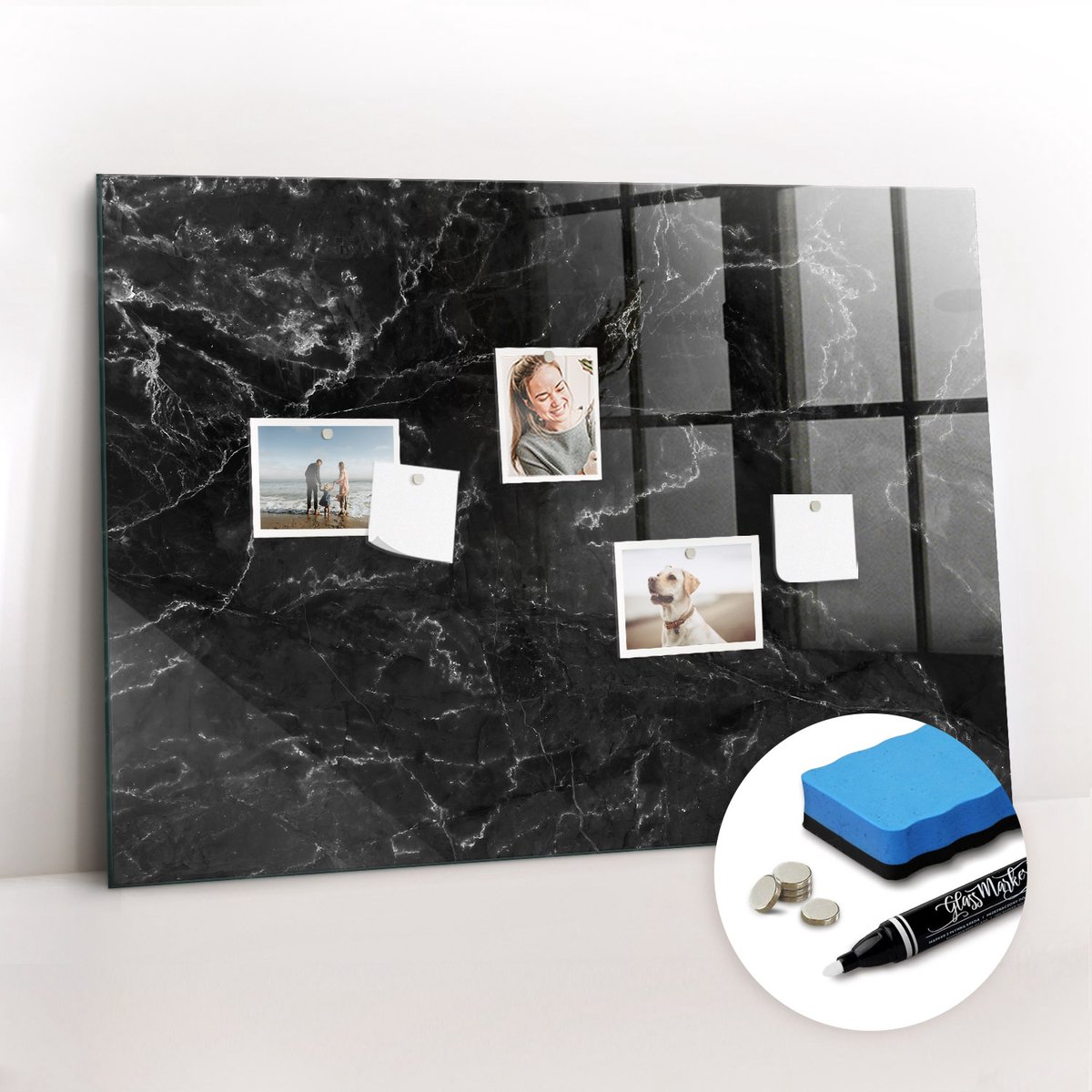 Tulup Whitebord - Zwart marmer - 100 x 70 cm - Zwart Magneetbord Keuken - Gratis 5 Sterke Magneten + Whiteboard Marker & Wisser - Moderne Wanddecoratie - Memobord Glas - Organiseer Je Bureau