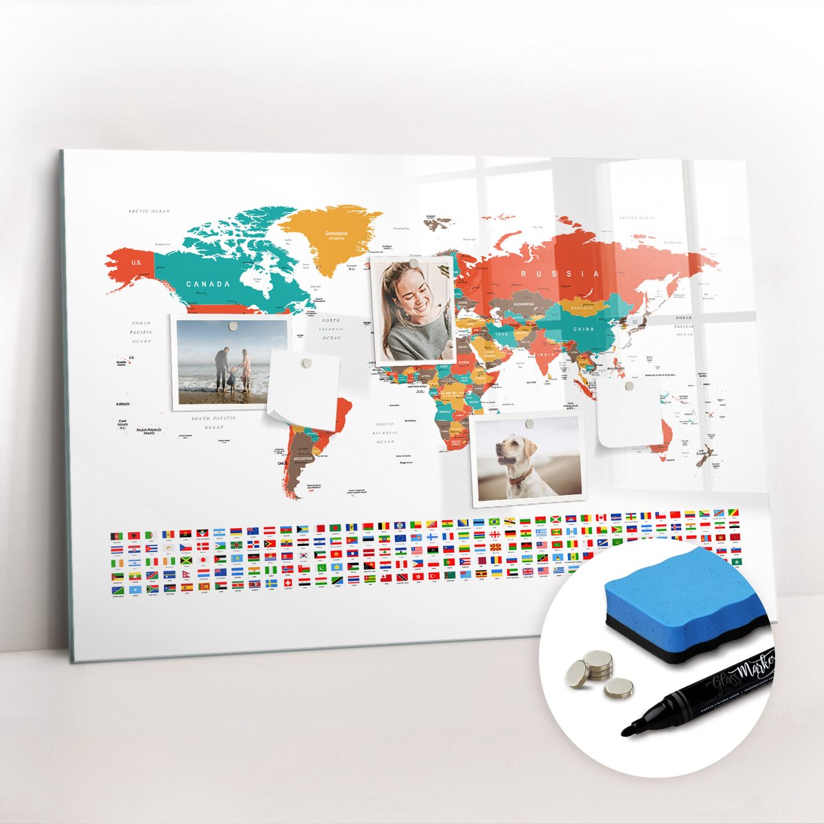Tulup Whitebord - Kleurrijke wereldkaart - 90 x 60 cm - Veelkleurig Memobord Keuken - Gratis 5 Sterke Magneten + Whiteboard Marker & Wisser - Organizer Muur - Magnetic Board - Planning Muur