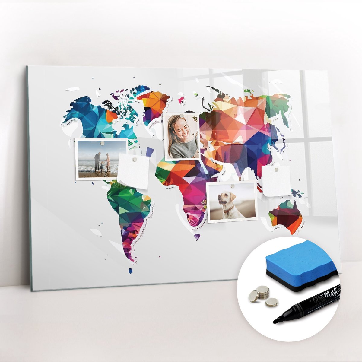 Tulup Whitebord - Wereldkaart van de Driehoek - 90 x 60 cm - Veelkleurig Memo Bord - Gratis 5 Sterke Magneten + Whiteboard Marker & Wisser - Design Memobord - Magneetbord Muur - Ideeënbord Thuiswerkplek