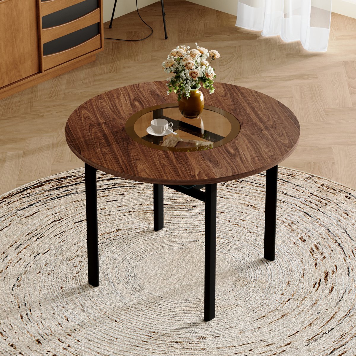 KOMHTOM - Ronde Tafel - Modern Minimalistisch Ontwerp - 100 cm Diameter Bruin Houtpatroon - Verzonken Bruingrijs Glasblad met Metalen Frame - Geschikt voor 2-4 Personen