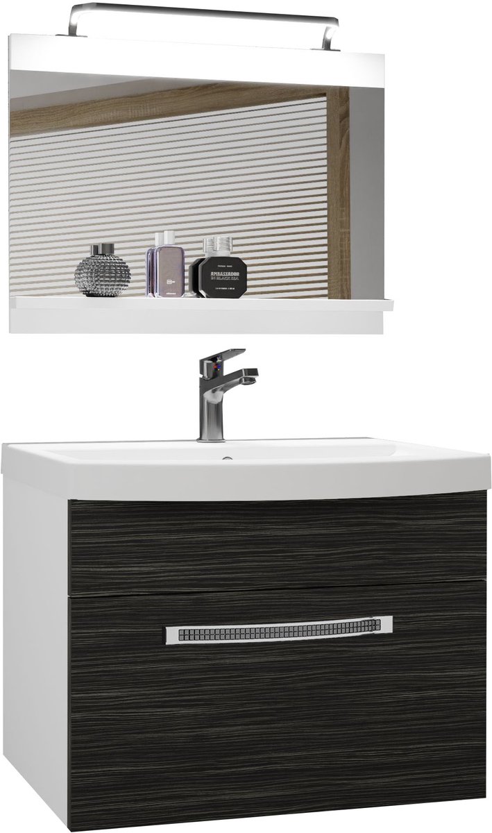 BELINI Badkamermeubel Set GLA M 1 - Badmeubelset 60 cm Koninklijk Ebbenhout Mat met Wastafel, Spiegel en LED Lamp - Wandmontage