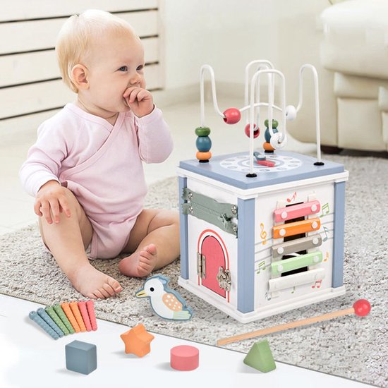 8-in-1 Houten Activiteitenkubus - Montessori Speelgoed 1-3 Jaar - Educatieve Motoriek Kubus met Xylofoon & Vormensorteerder - Blauw & Pastel — afbeelding 5