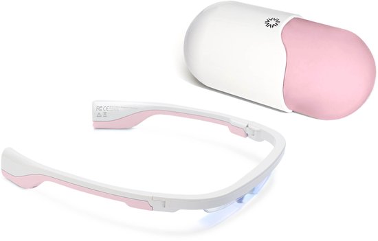 AYO+ lichttherapiebril, wit met roze accenten, naast een witte en roze capsulevormige bewaarcase.