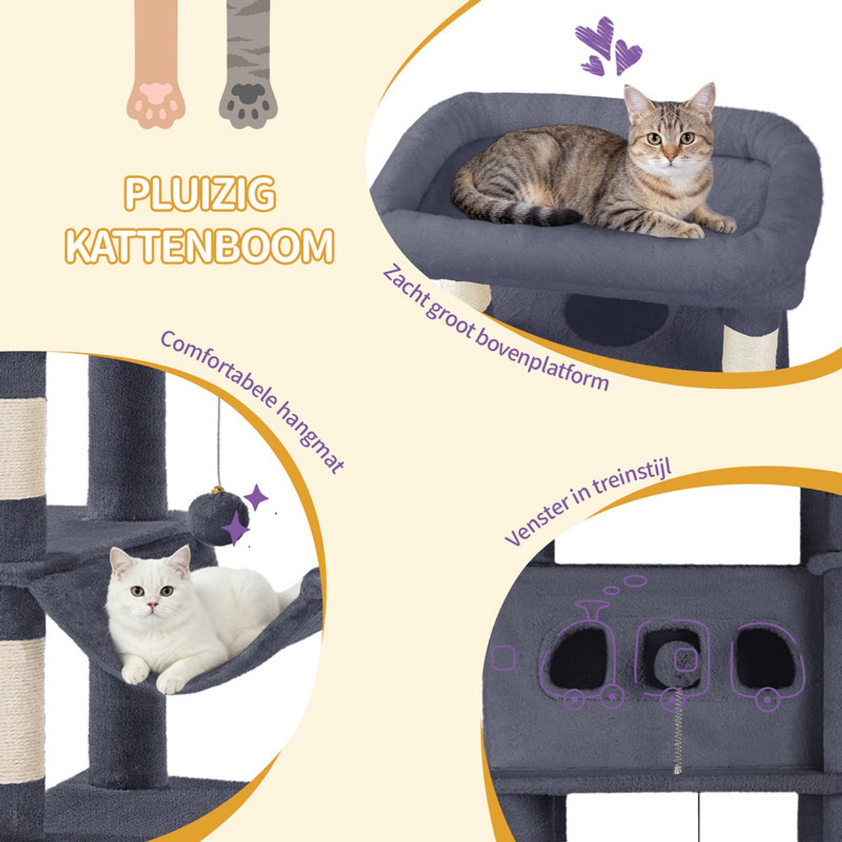 Hzuaneri Krabpaal groot, 170 cm, kattentoren voor Maine-kat, grote kat, meerlaagse krabpaal met grote zitstang, wasbare mat, kattenhuismeubel met 2 holletjes, 8 krabbomen, Donkergrijs thumbnail 3