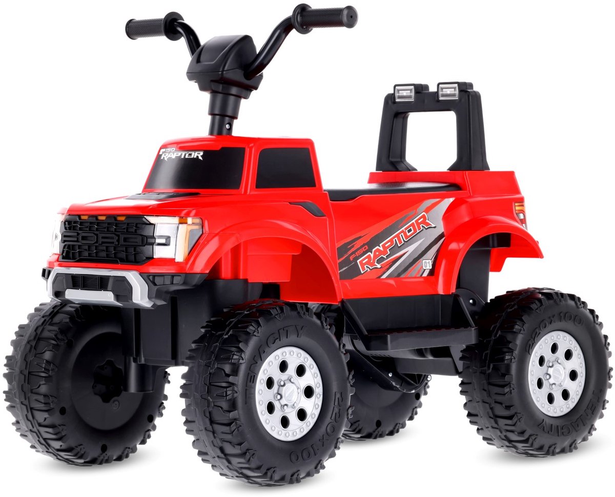 SUN BABY Ford Raptor F150 Elektrische Kinderauto Accuvoertuig 12V - LED Verlichting, Terreinbanden, Opbergruimte - Rood