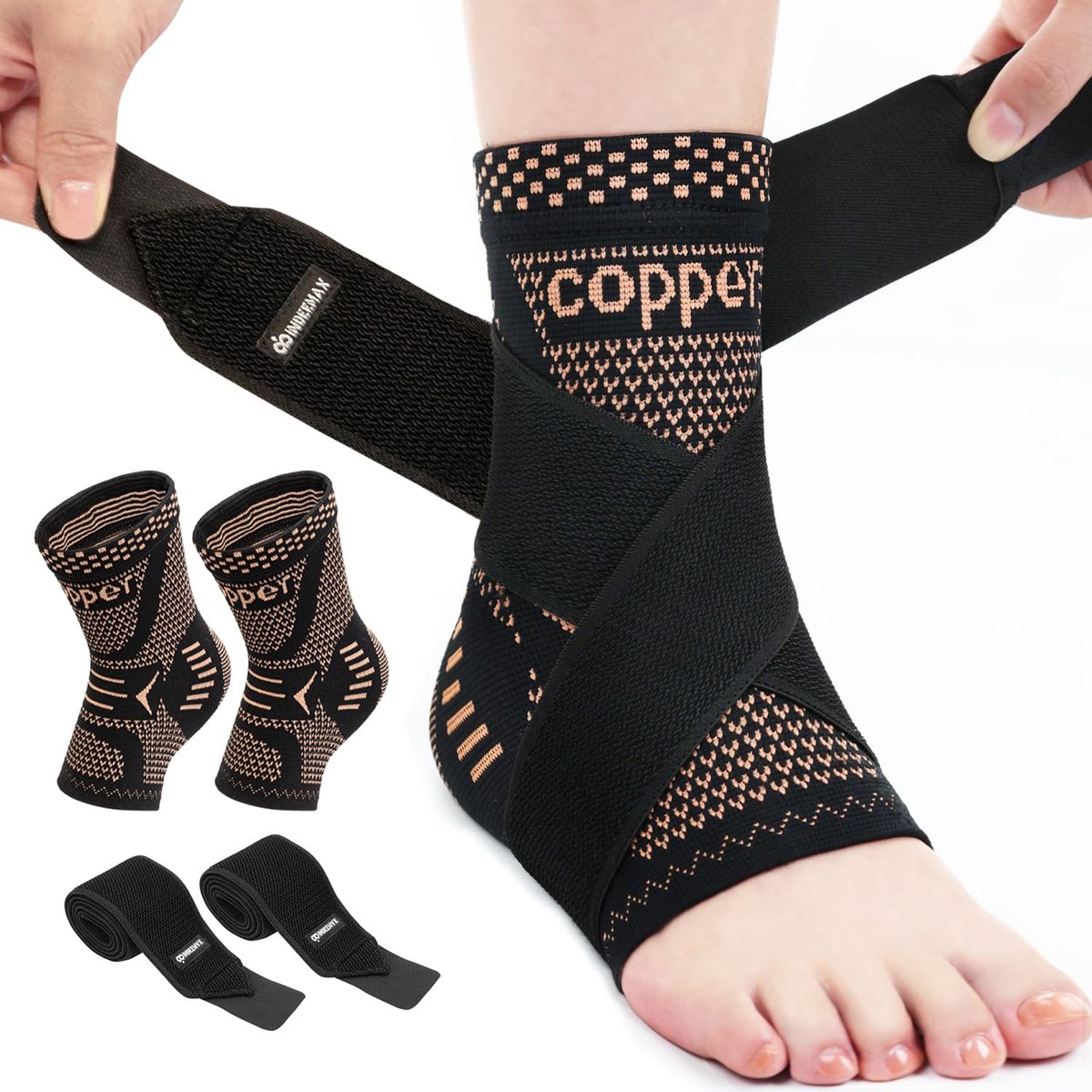 Enkelbrace - Compressie Koperen Steunkous - voor Verzwikte Enkel, Plantair Fasciitis, Achillespees - Zwart - L - 1 Stuk