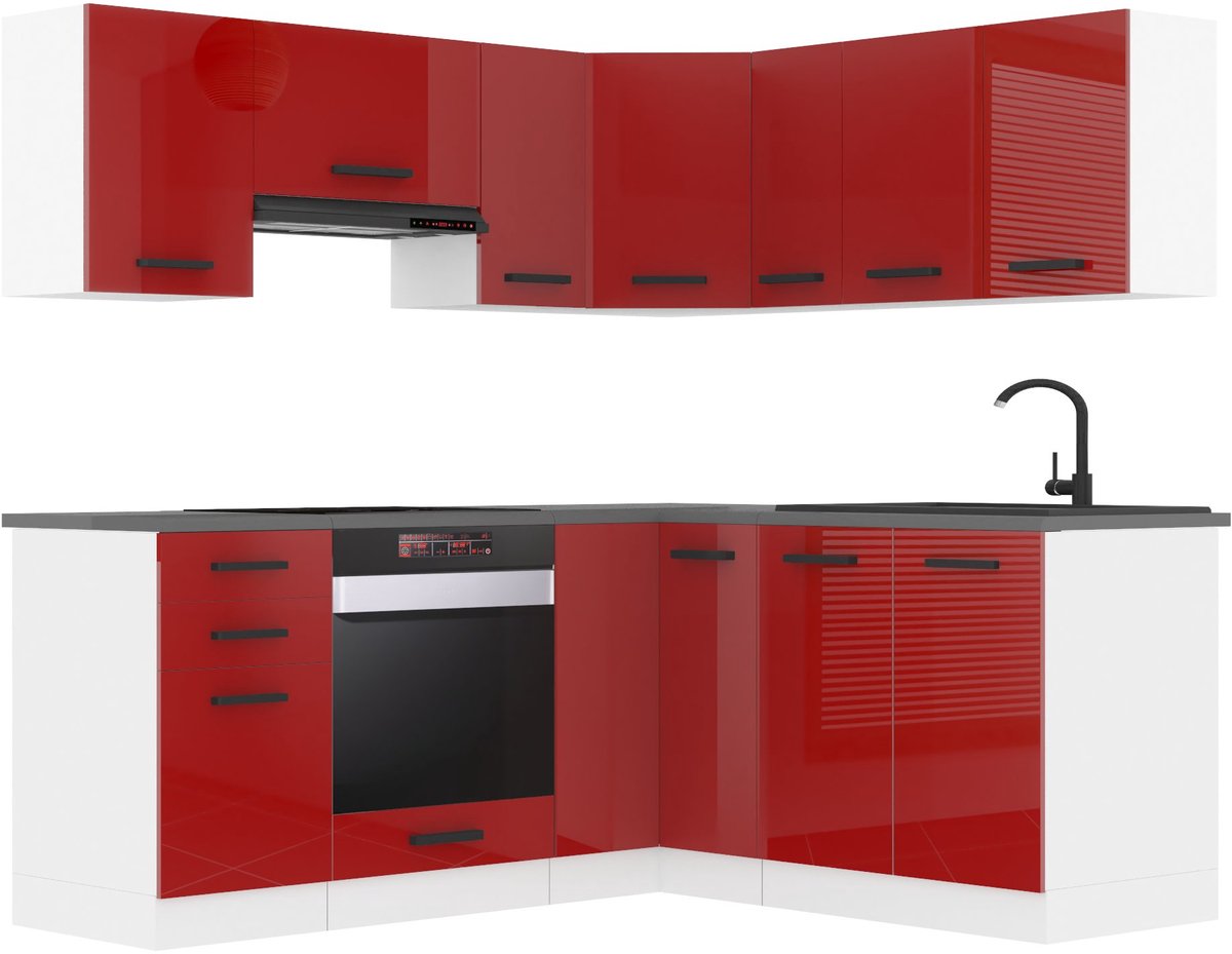 BELINI L-Vorm Keukenblok SARAH - Keukenmeubel Set 320 cm Rood Hoogglans met Werkbladen - Boven- en Onderkasten
