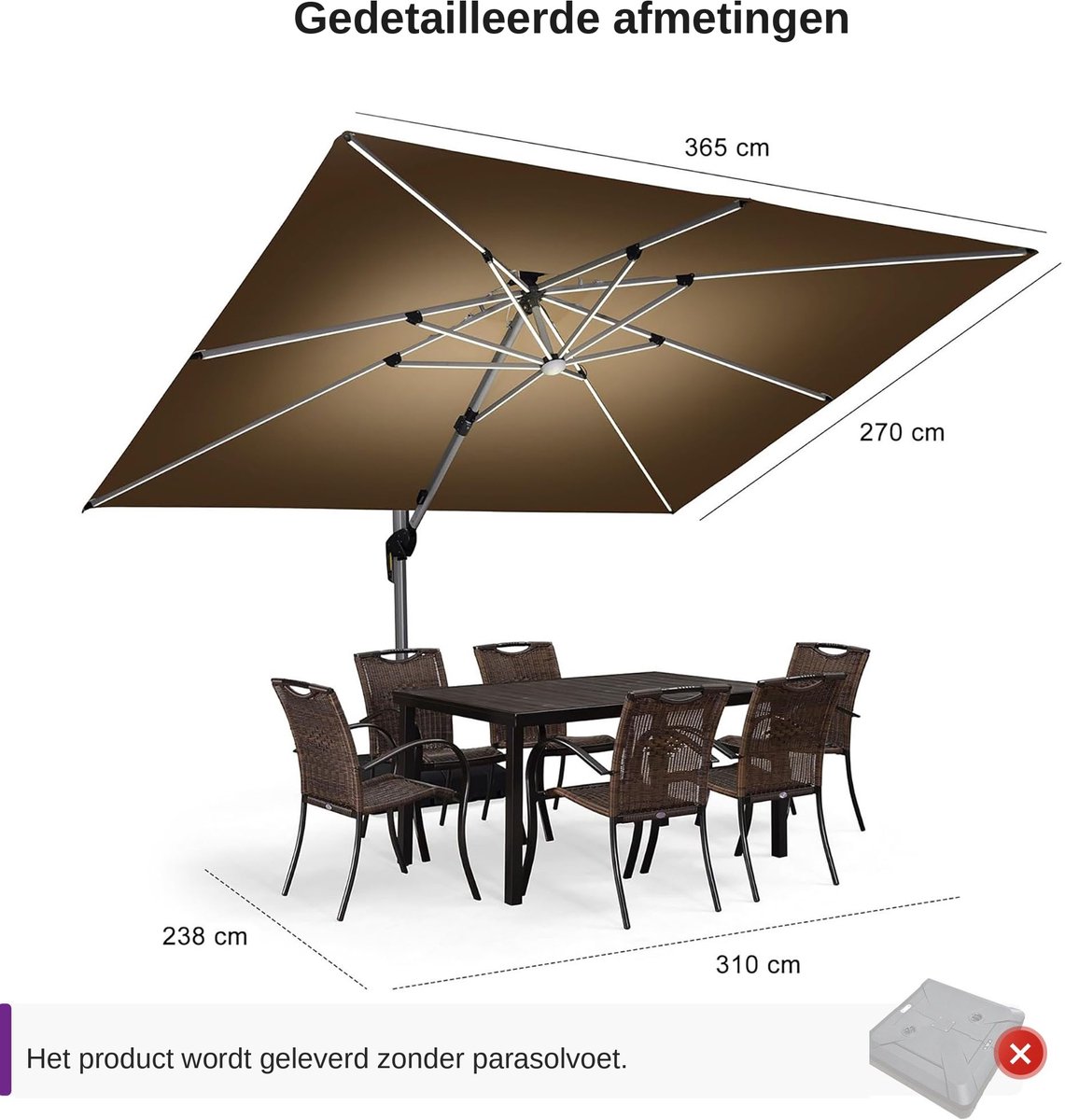 Purple Leaf Cantilever Parasol with LED Lighting 365x270 cm - Khaki