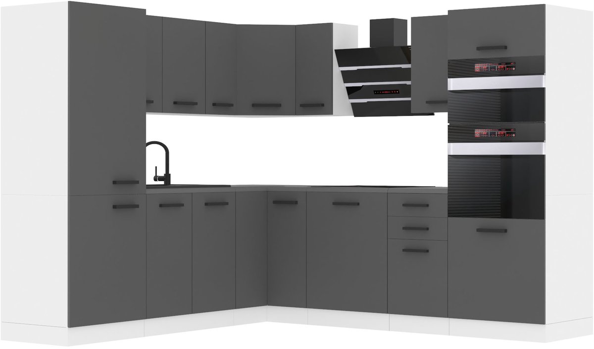 BELINI L-Vorm Keukenblok STACY - Keukenmeubel Set 420 cm Zilver Mat met Werkbladen - Boven- en Onderkasten