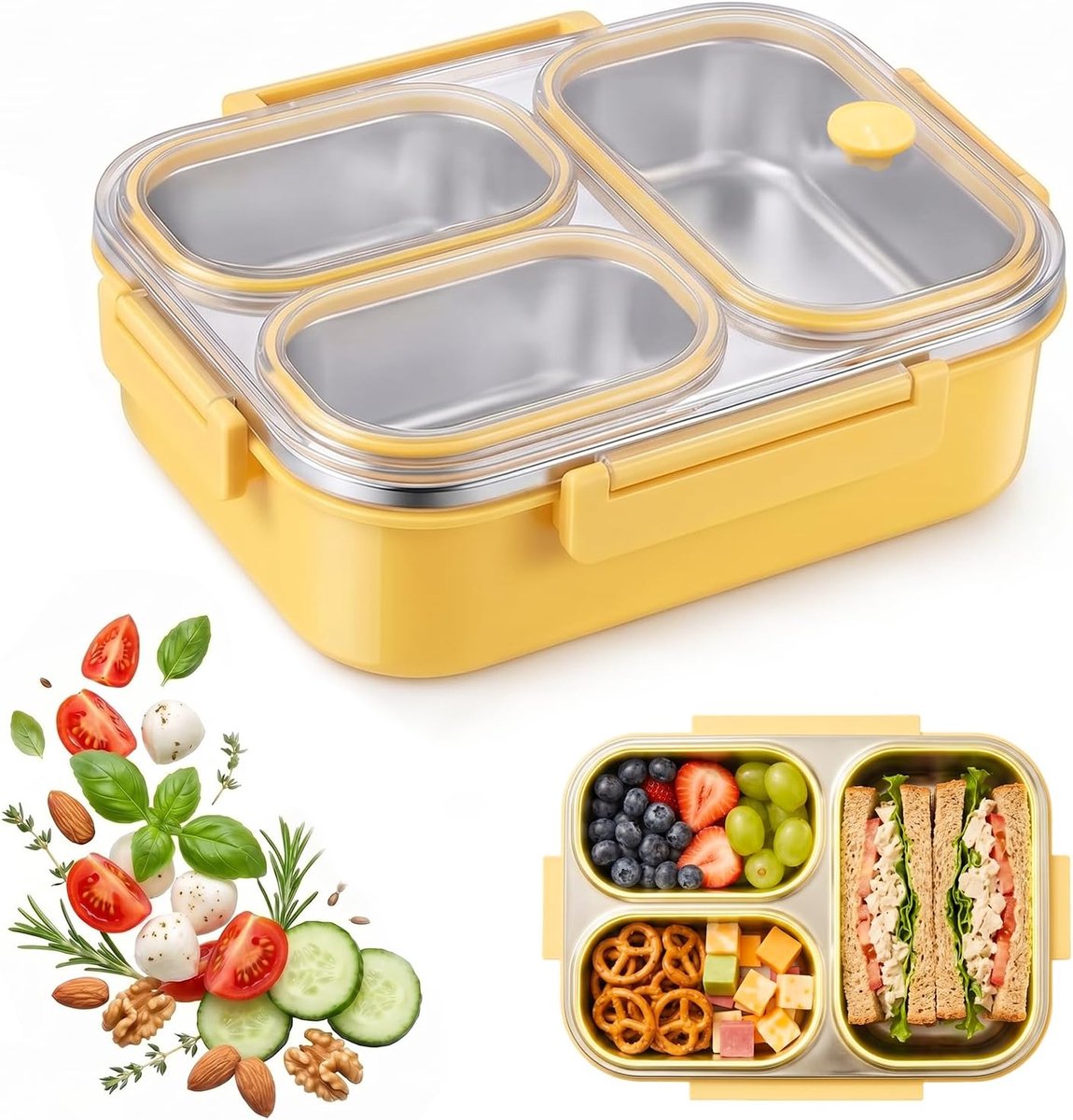 Bento Lunchbox RVS - 800ml Broodtrommel met 3 Compartimenten - Lekvrije Lunchbox met Inzetstuk voor School en Werk - Geel