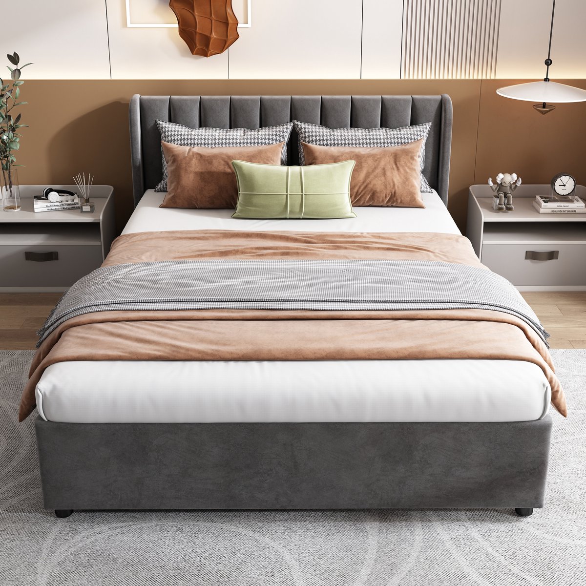 Polsterbed 140 x 200 cm - Comfortabele slaap met schuine rugleuning en opbergruimte - Grijs