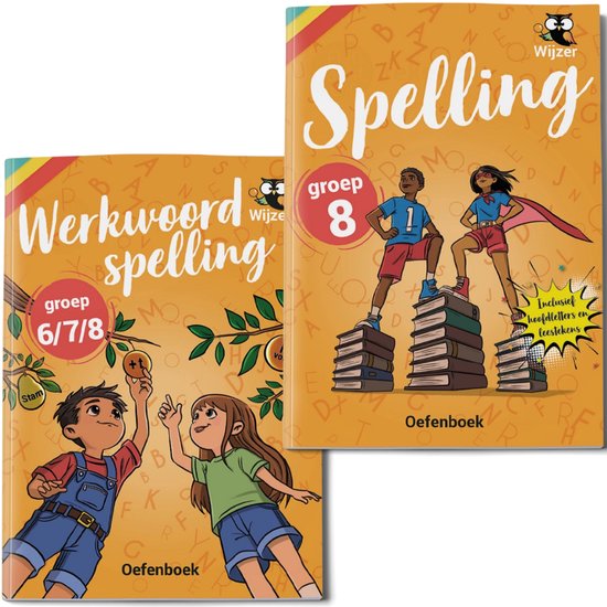 Twee oefenboeken met de titel 'Werkwoord spelling groep 6/7/8' en 'Spelling groep 8'. De boeken hebben een oranje achtergrond met letters en afbeeldingen van kinderen.