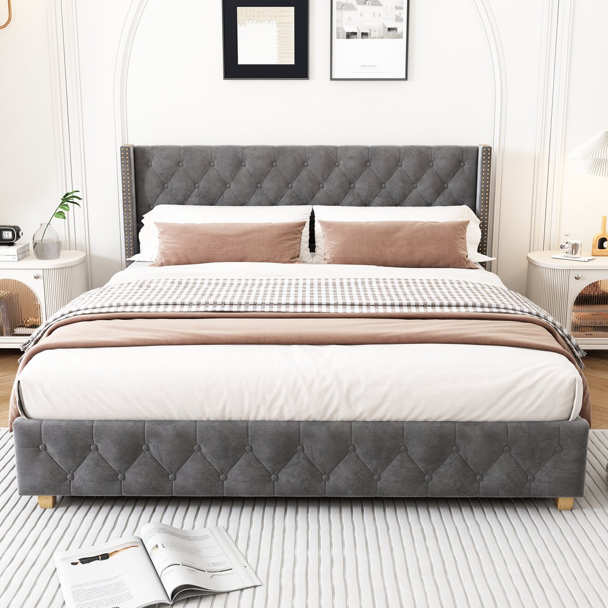 Polsterbed 180x200cm met Lattenrost en Kopfteil - Designbed in Soft Samt Grau - Comfortabele Rustplaats