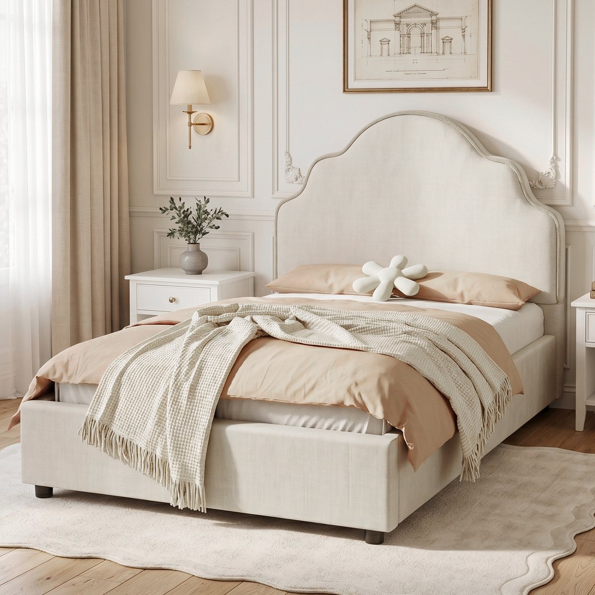 Polsterbett 90x200 cm - Beige Linnen Kinderbed met Comfortabel Kopfdeel - Eenvoudig Montage