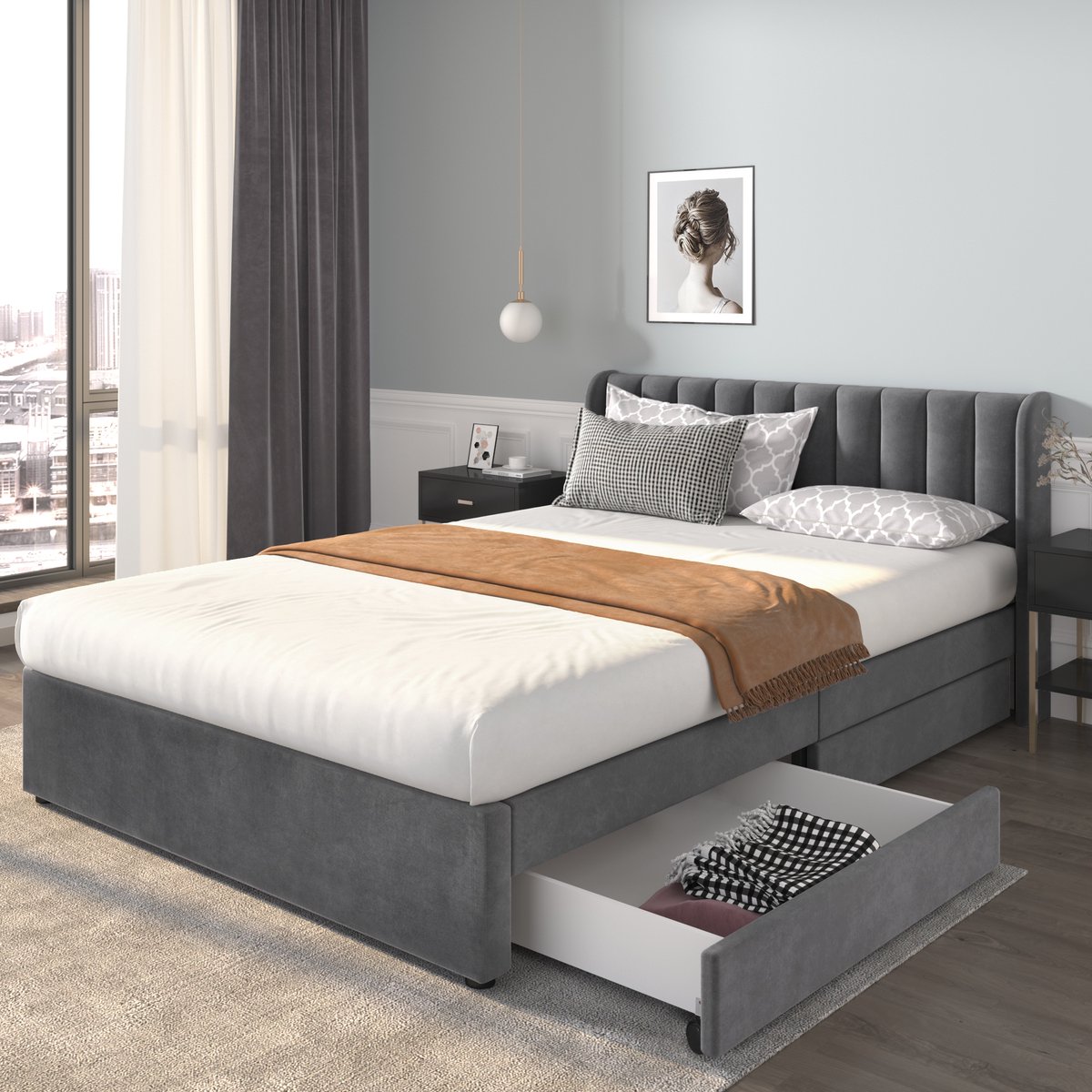 Bed 160x200 cm Met Laden - Luxe Velvet Gestoffeerd Bed Met Hoog Hoofdbord Grijs