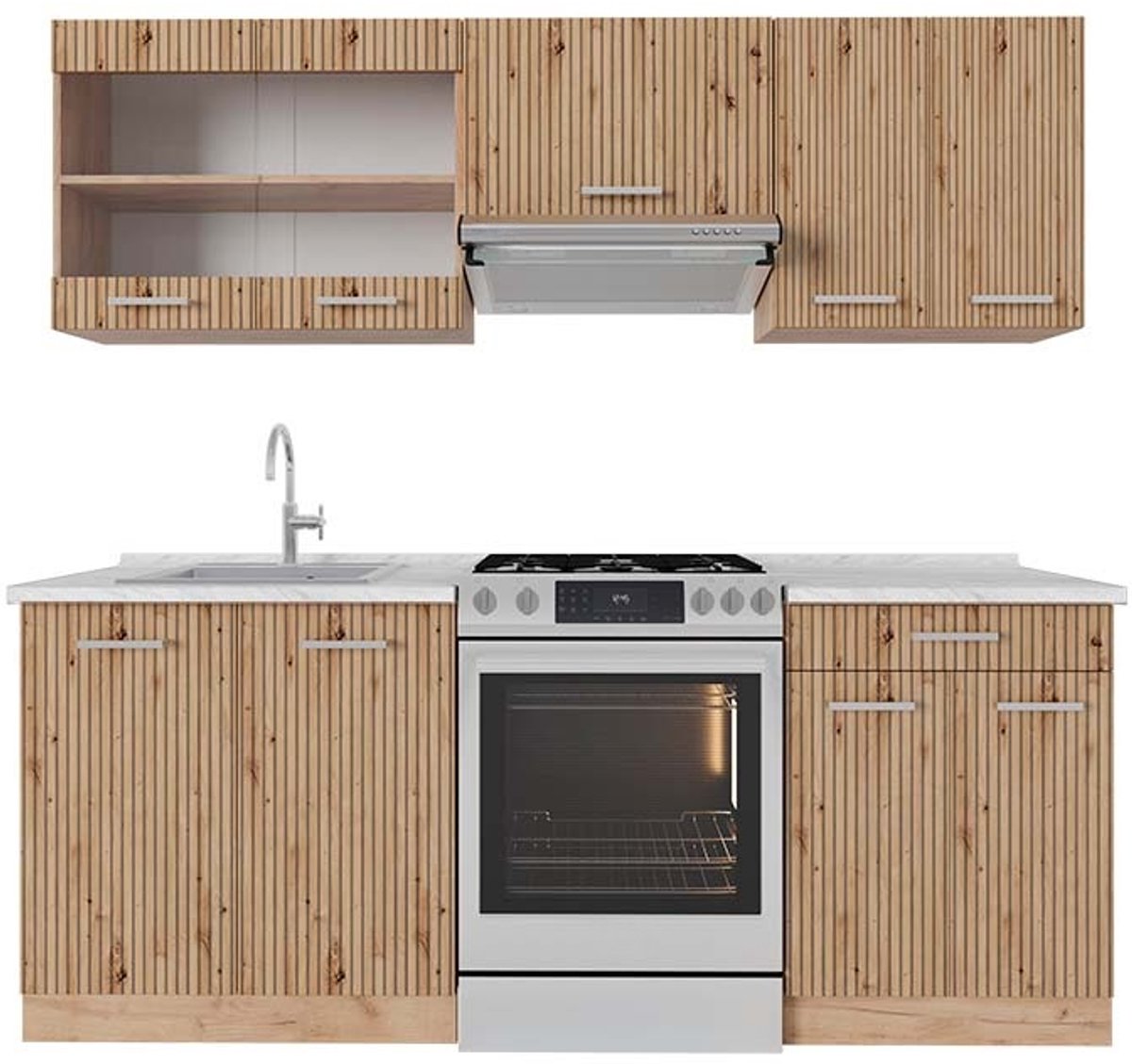 Vicco R-Line Complete keukeneenheid – 200 cm, AP Marmer Artisanaal eiken/Goudkraft eiken