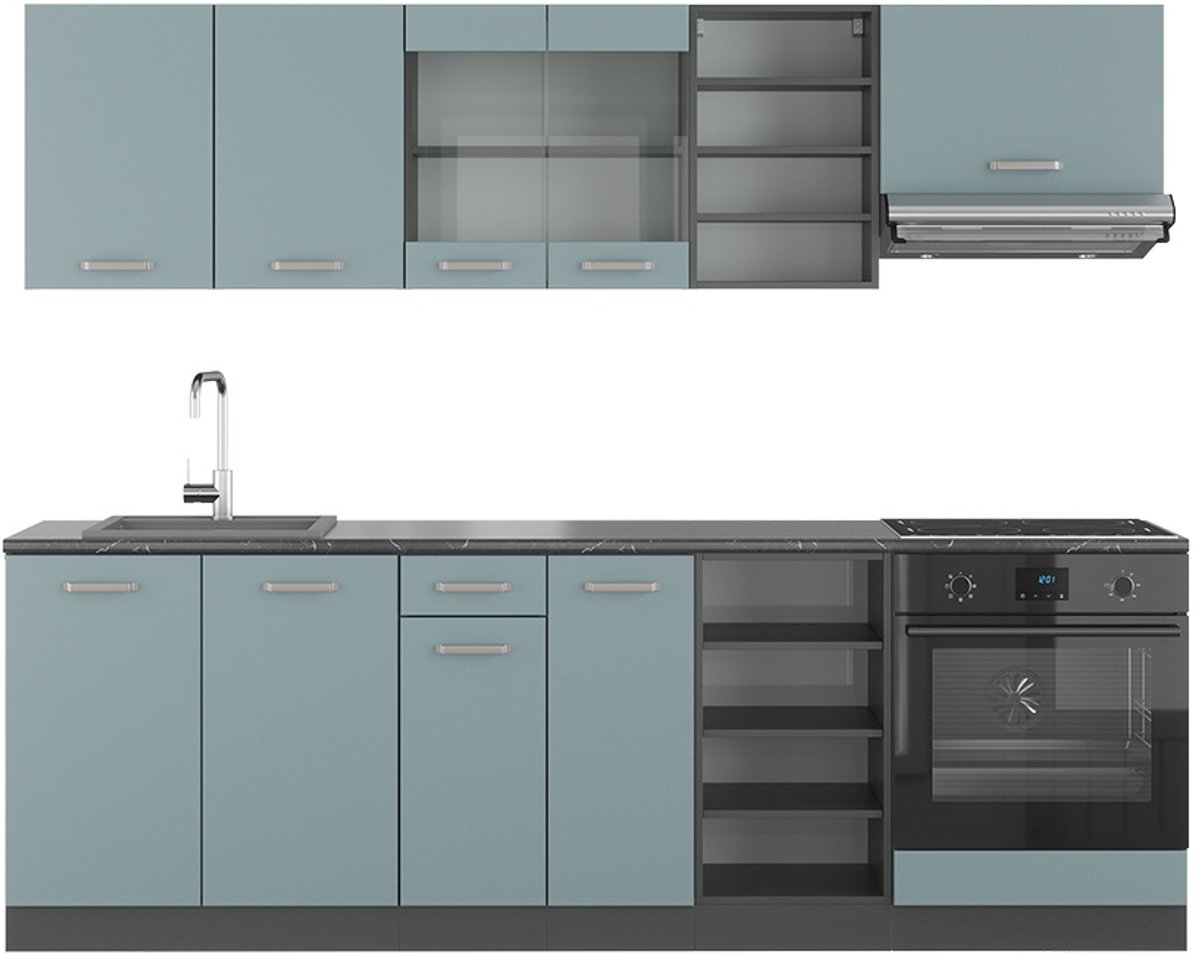 Vicco R-Line Complete keukeneenheid – 240 cm, WB Antraciet Blauw-grijs/antraciet