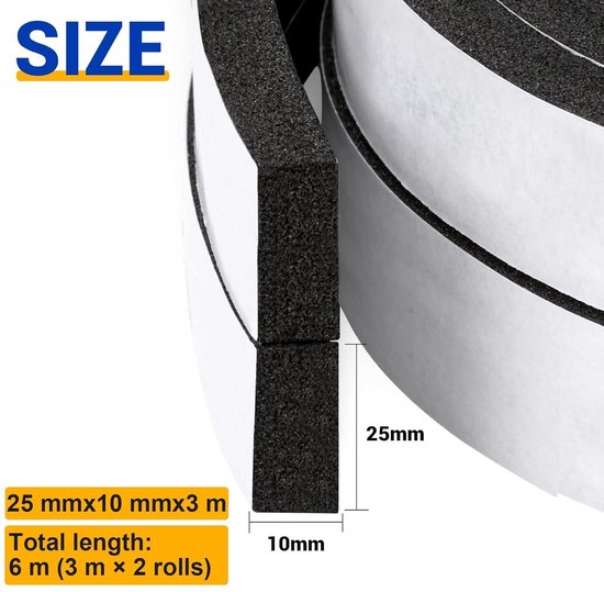 Set van 2 Zelfklevende Schuimstrips 25 mm x 10 mm x 3 m voor Deuren en Ramen, Geluiddicht en Isolerend — afbeelding 4