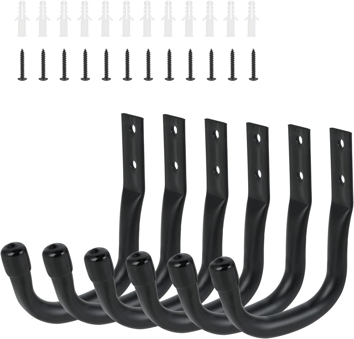 SnelShoppen - Set van 6 J Haakjes, Zwart voor Garage, Organiseer Fietshaken voor Gereedschap, Ladders en Zware Voorwerpen (11.5 x 9cm)