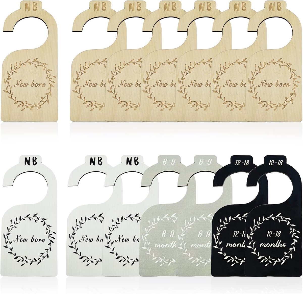 SnelShoppen - 14 Stuks Baby Kleding Organizers Hanger Scheiders, Houten Kleding Scheiders voor Baby van 0-24 Maanden in Zwart en Wit Grijs Hout