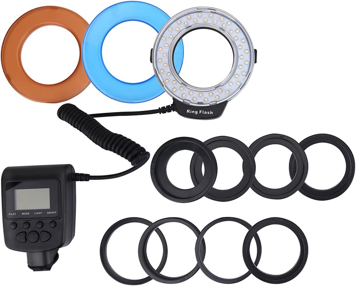 SnelShoppen - LED Ring Flitser, Macro Ring Licht, Draagbare Ring Flitser met 9 Ringadapters voor Camera Video Opnames, 3000K-15000K, 7 Helderheidsstan