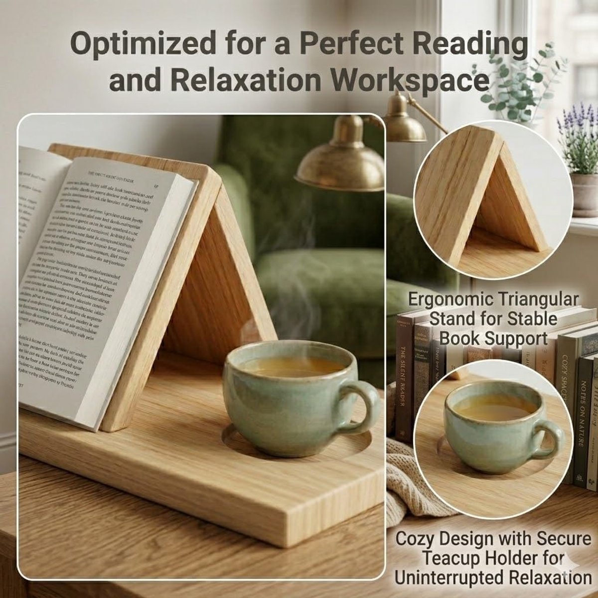 Driehoekige houten boekenstandaard voor lezen, ideaal voor boeken, tablets en e-readers, perfect als cadeau voor boekenliefhebbers en voor gebruik op bureau of nachtkastje