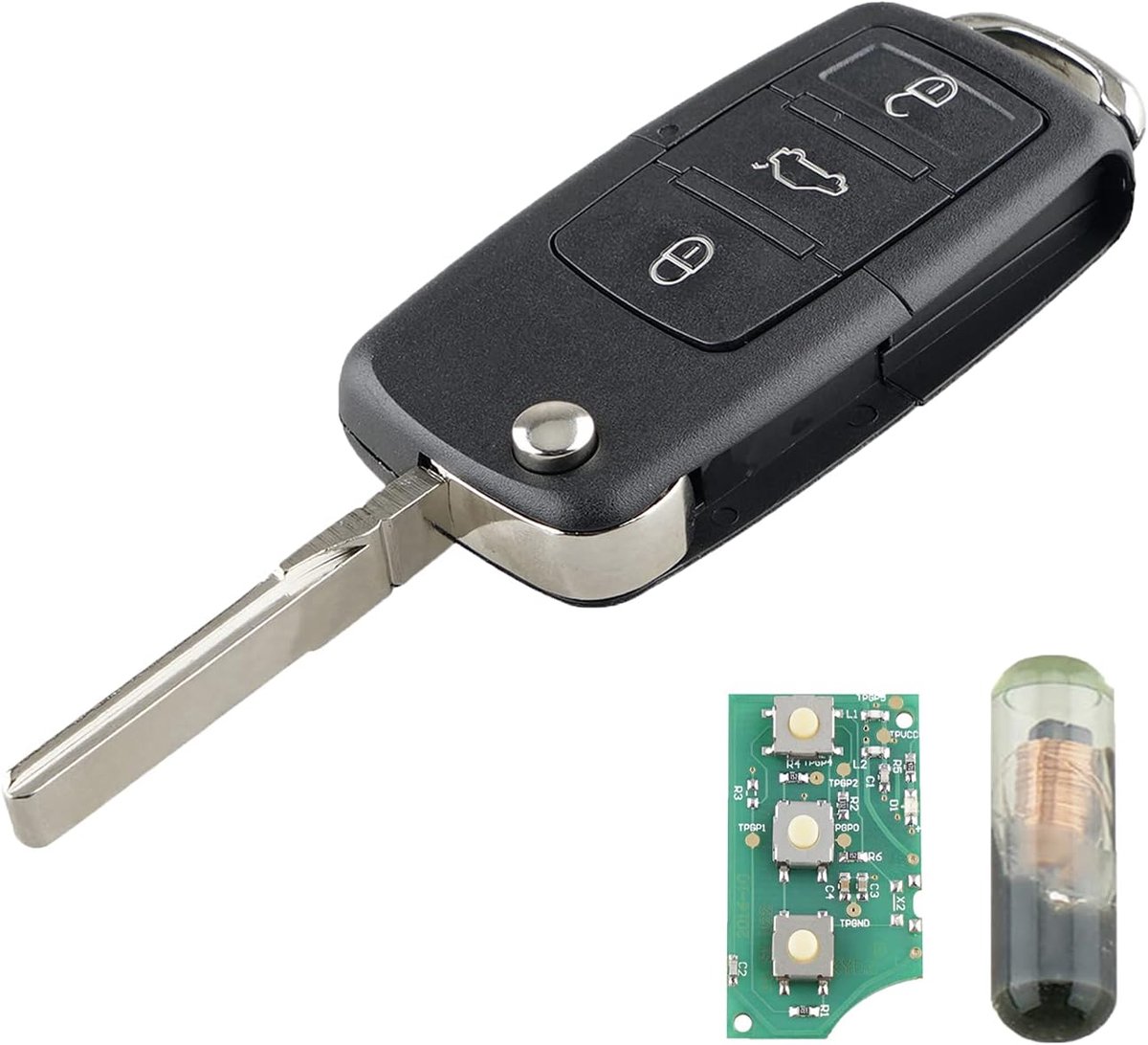 Horse 3-knops Opvouwbare Flip Afstandsbediening Autosleutel Behuizing Vervanging voor VW MK5 Golf Seat Leon Skoda Octavia Caddy Tour-an 2003-2010 Sleutelbehuizing met ID48 Chip (OEM:1K0959753G)