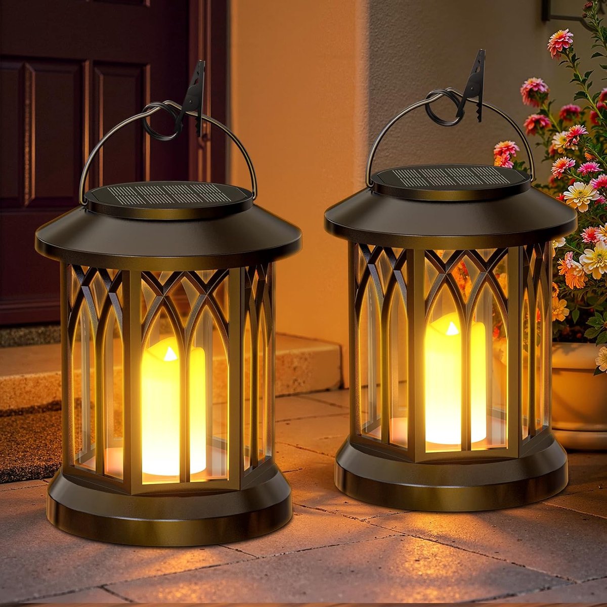 Lampen op zonne-energie voor buiten, tuin, hangend, lantaarns op zonne-energie voor buiten, met realistische vlameffecten, IP65 waterdicht, tuindecoratie met clips, voor buiten, binnenplaats